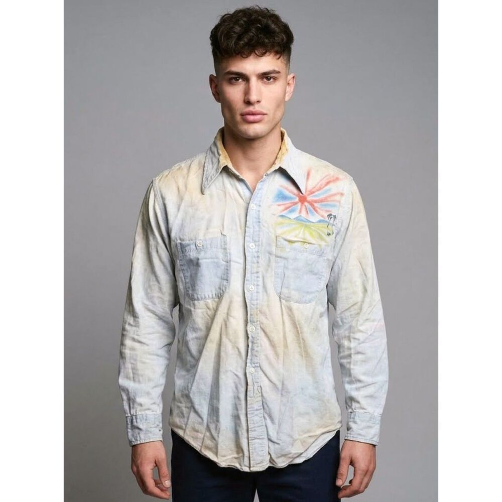 Vintage 70s Trashed Button Up Rising Sun Chambray Indie Sleaze Shirt 80s L XL